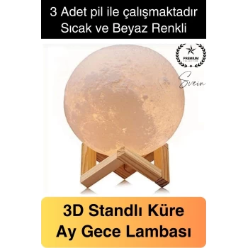 Dolunay 3D Ay Işıklı Standlı Pilli Dekoratif Gece Lambası Hediyelik Küre Led 15 Cm Loş Dekor