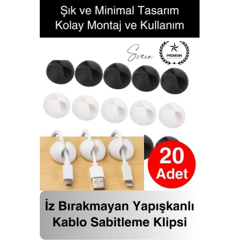 20li İz Bırakmaz Siyah Beyaz Kablo Sabitleme Klipsi Çalışma Masası Düzenleyici Ev Oda Ofis Pratik