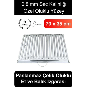 Premium 70 x 35 cm Paslanmaz Çelik 0,8 Kalın Oluklu Izgara Mangal Piknik Kamp Et Balık Kebap Pişirme