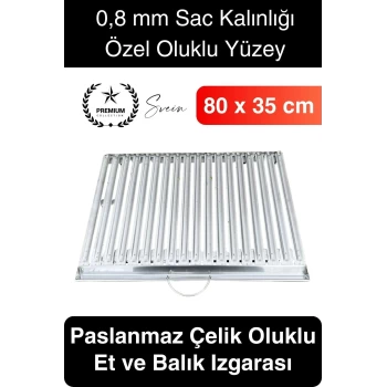 Premium 80 x 35 cm Paslanmaz Çelik 0,8 Kalın Oluklu Izgara Mangal Piknik Kamp Et Balık Kebap Pişirme
