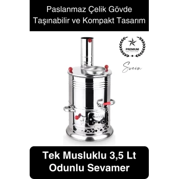 Premium Tek Musluklu 3.5 lt Kömürlü Kamp Piknik İçin Çok Amaçlı Odunlu Çay Semaveri Paslanmaz Çelik