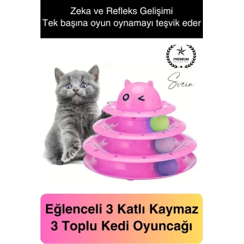 3 Katlı 3 Toplu Kedi Oyuncağı Yuvarlak Eğlence Dönen Hareketli ABS Plastik Çıngıraklı Zeka Gelişim