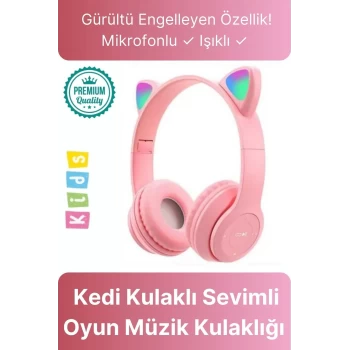 Kablosuz Gürültü Engelleyen Bluetooth Işıklı Mikrofonlu Kedi Kulaklı Sevimli Oyun Müzik Kulaklığı