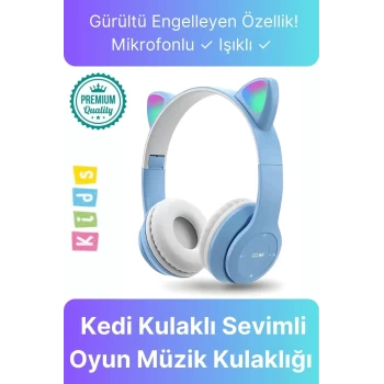 Kablosuz Gürültü Engelleyen Bluetooth Işıklı Mikrofonlu Kedi Kulaklı Sevimli Oyun Müzik Kulaklığı