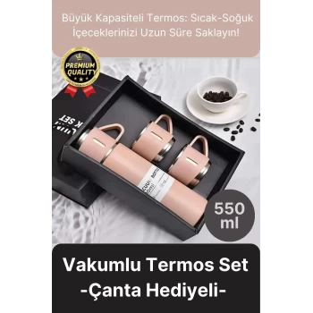 Kaliteli Paslanmaz Çelik Çift Katmanlı Sıcak Soğuk 3 Bardaklı Vakumlu Termos Çanta Hediyeli 550 Ml