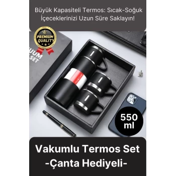 Kaliteli Paslanmaz Çelik Çift Katmanlı Sıcak Soğuk 3 Bardaklı Vakumlu Termos Çanta Hediyeli 550 Ml