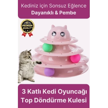 Premium Eğlenceli Renkli Dayanıklı Yuvarlak Kauçuk Pedli 3 Katlı Kedi Oyuncağı Top Döndürme Kulesi