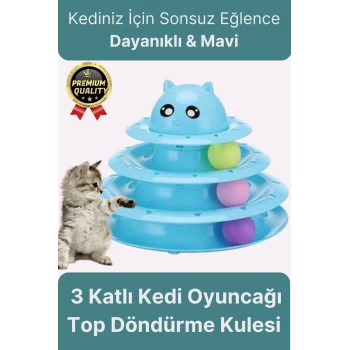 Premium Eğlenceli Renkli Dayanıklı Yuvarlak Kauçuk Pedli 3 Katlı Kedi Oyuncağı Top Döndürme Kulesi