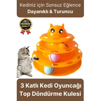 Premium Eğlenceli Renkli Dayanıklı Yuvarlak Kauçuk Pedli 3 Katlı Kedi Oyuncağı Top Döndürme Kulesi