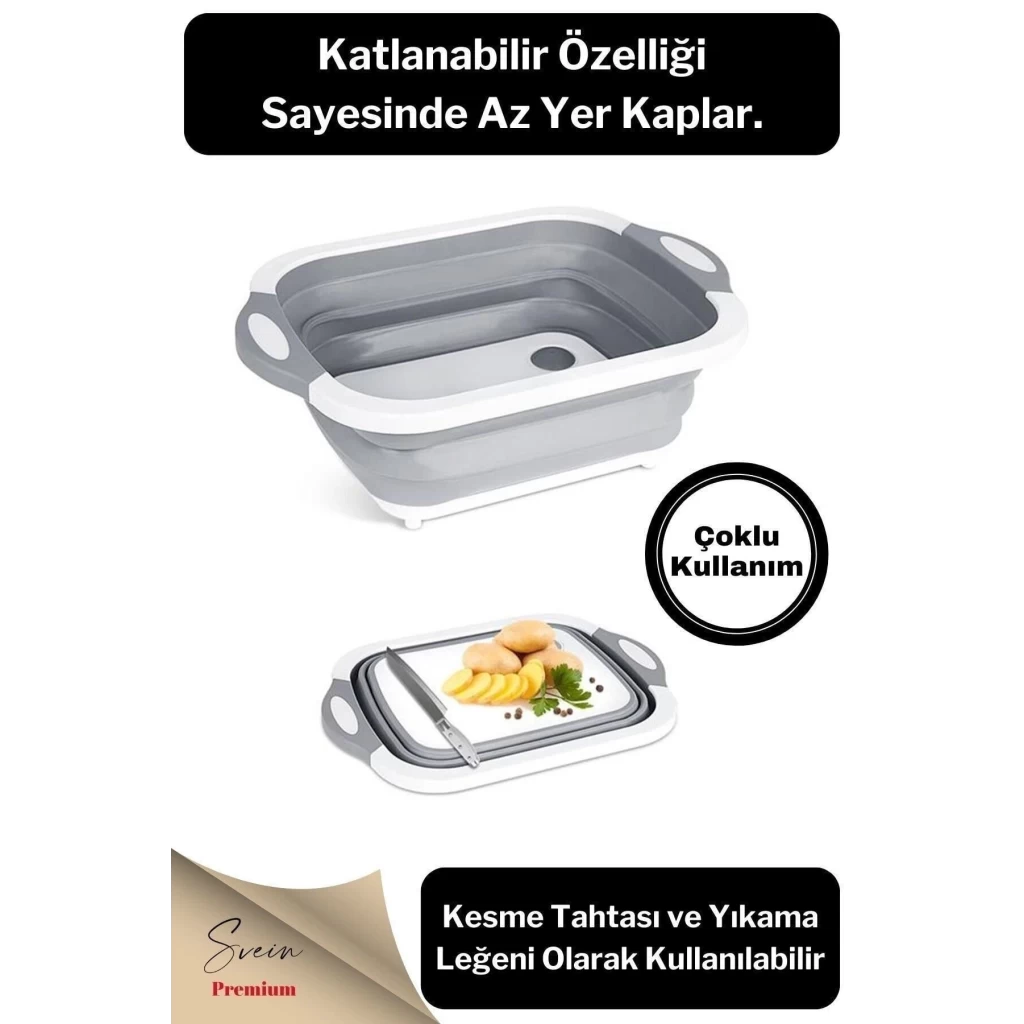Katlanabilir Bulaşık Yıkama Leğeni Süzgeçli Kesme Doğrama Tahtası Ve Akordiyon Tıpalı Badya 1 Adet