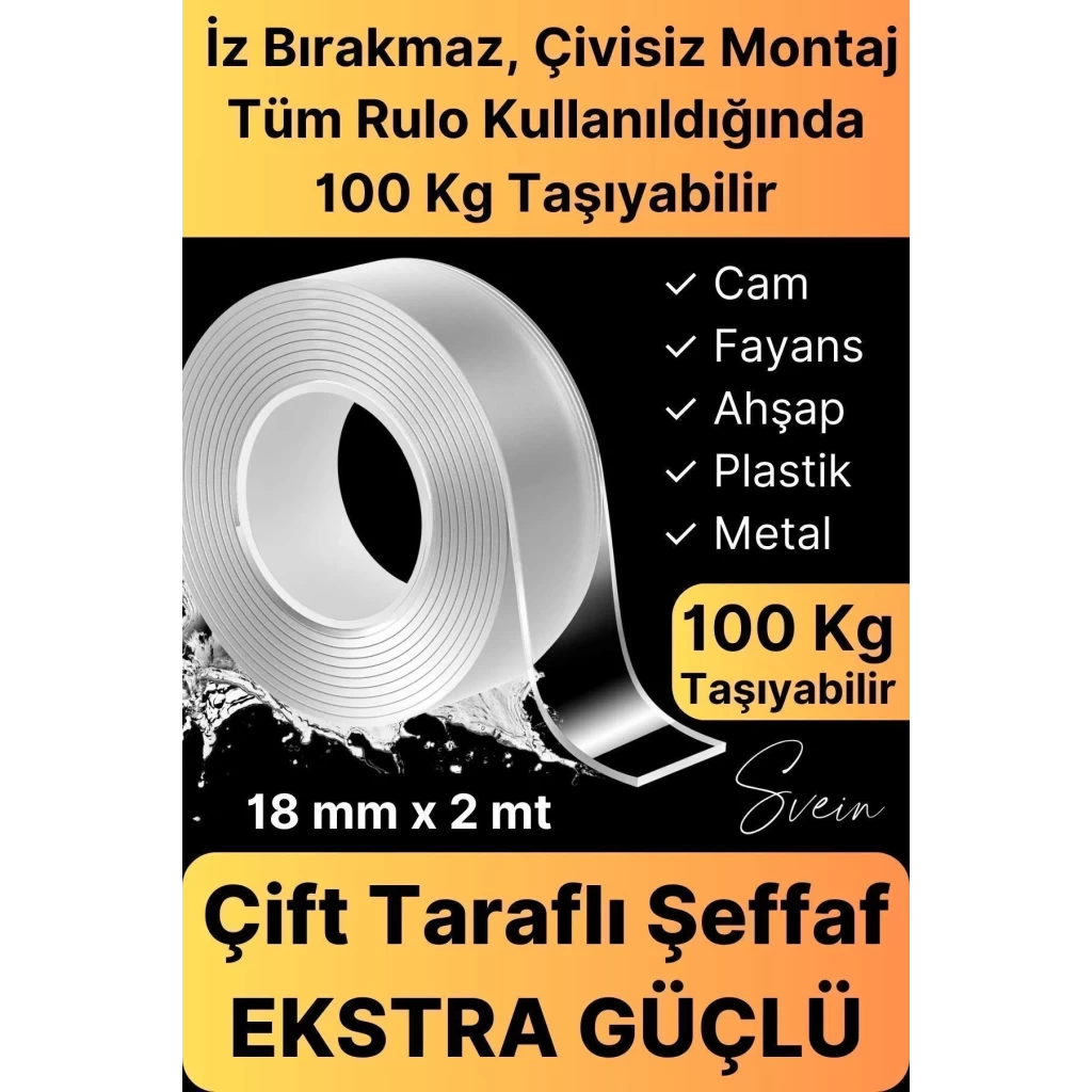 Ekstra Güçlü Çift Taraflı Bant İz Bırakmaz Şeffaf Çok Amaçlı Tamir Silikon Montaj Bandı 18mm X 2mt