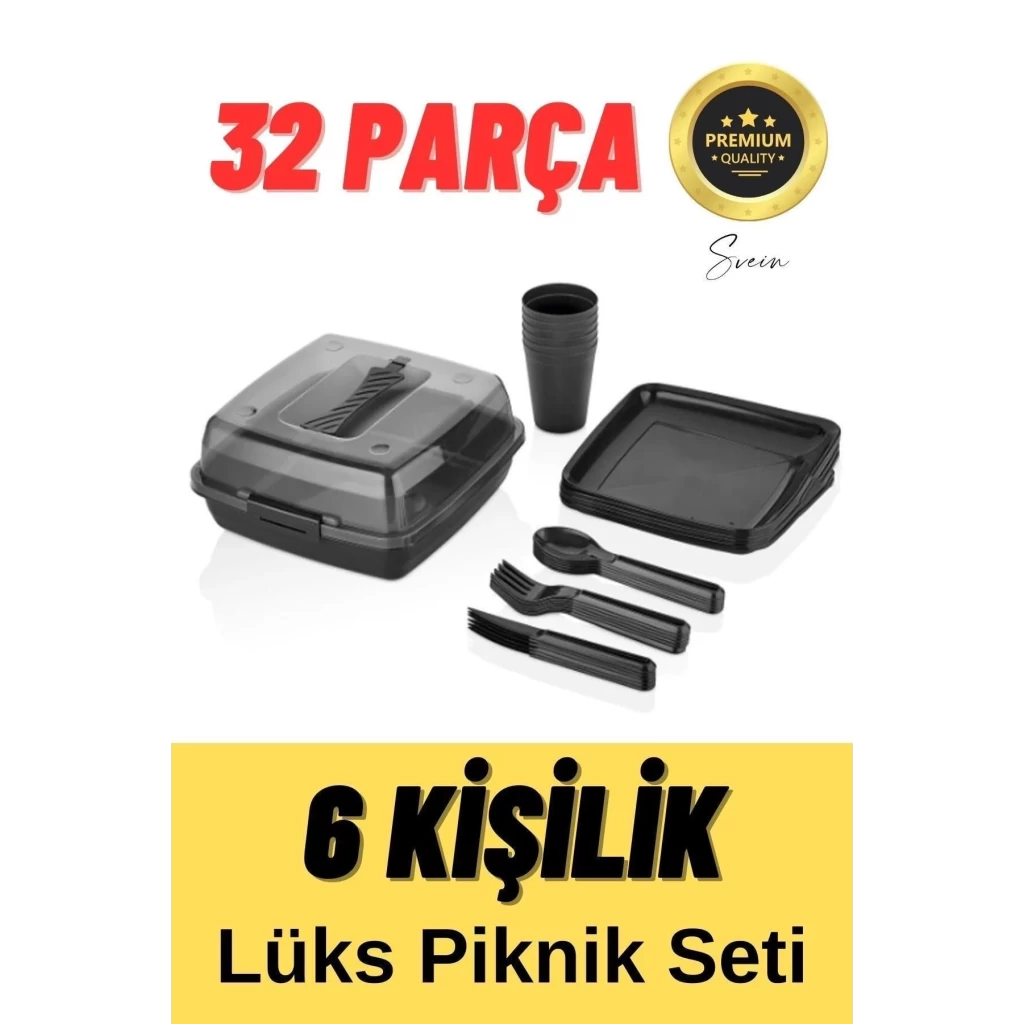 Lüx Piknik Sepeti 6 Kişilik Çatal Bıçak Bardak Tabak Piknik Mangal Kamp Seti 32 Parça