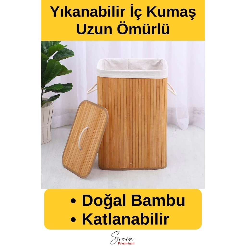Kapaklı El Yapımı Dekoratif Modern Doğal Ahşap Bambu Banyo Kirli Çamaşır Sepeti 40 X 30 X 60 Cm