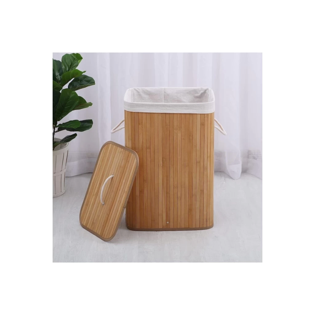 Kapaklı El Yapımı Dekoratif Modern Doğal Ahşap Bambu Banyo Kirli Çamaşır Sepeti 40 X 30 X 60 Cm