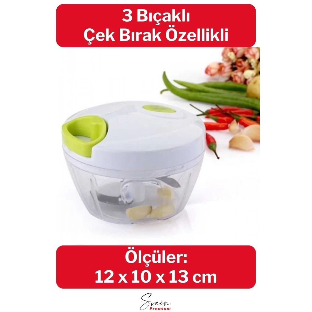Premium Manuel 3 Bıçaklı Ipli Çekmeli Paslanmaz El Rondosu Kolay Hızlı Meyve Sebze Soğan Doğrayıcı