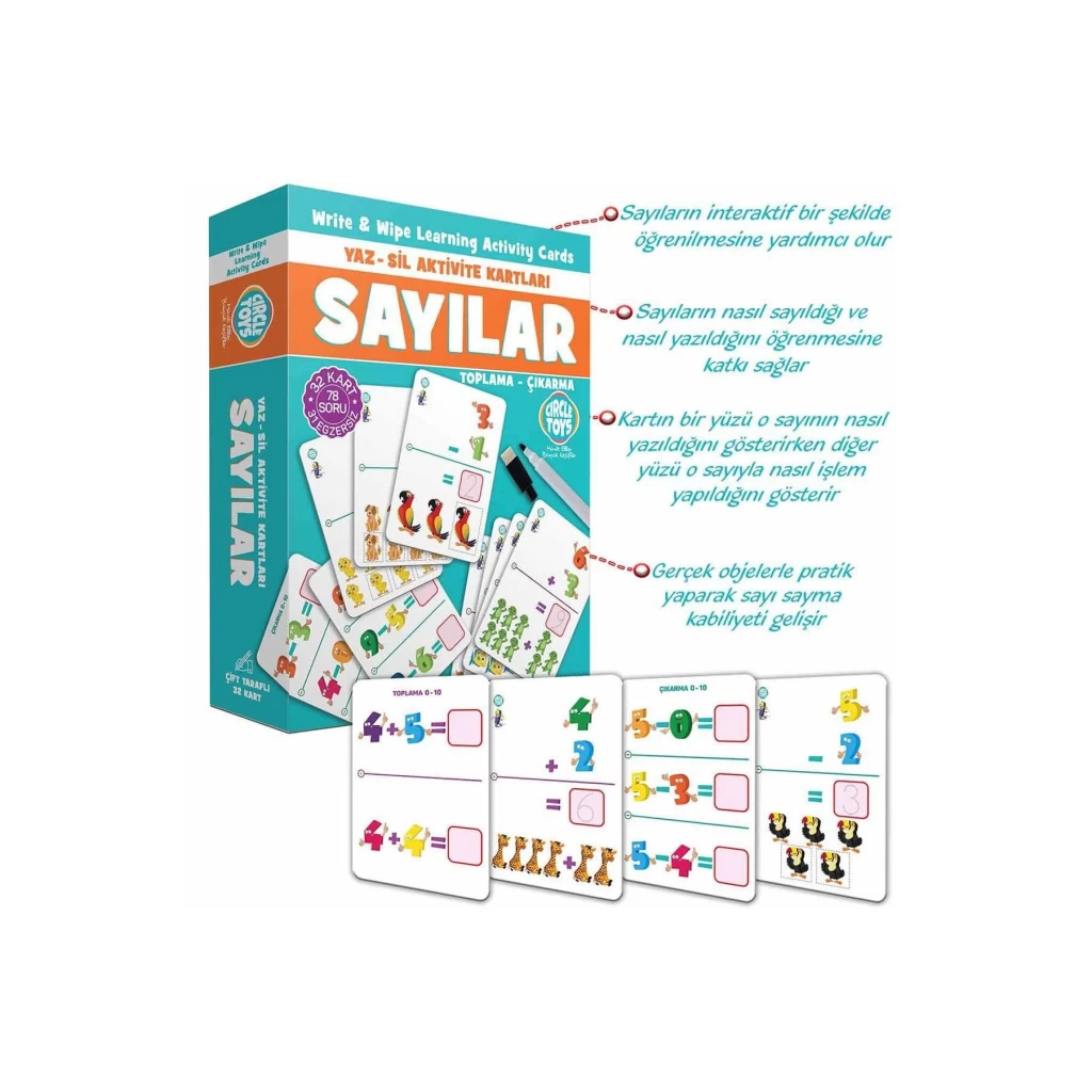 Sayılar Yaz Sil Aktivite Kartları Çift Taraflı 32li Eğitici Öğretici Okul Öncesi Zeka Kalemli Kutu