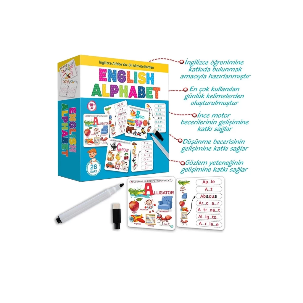 English Alphabet İngilizce Alfabe Yaz-sil Aktivite Kartları Eğitici Öğretici İlk Kelimeler Dil Seti