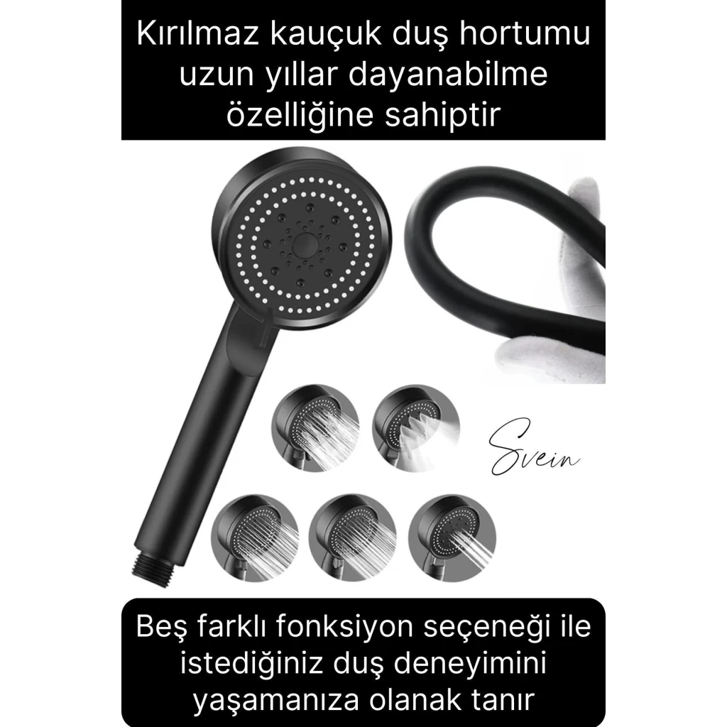 Premium Duş Seti 5 Fonksiyonlu Tasarruflu Başlık Esnek Kırılmaz Çatlamaz Paslanmaz Sızdırmaz Hortum