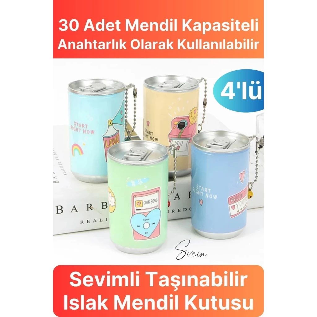 4lü Fenomen Sevimli Teneke Kutu Görünümlü Islak Mendil Saklama Kutusu Kabı Anahtarlık Çanta Süsü