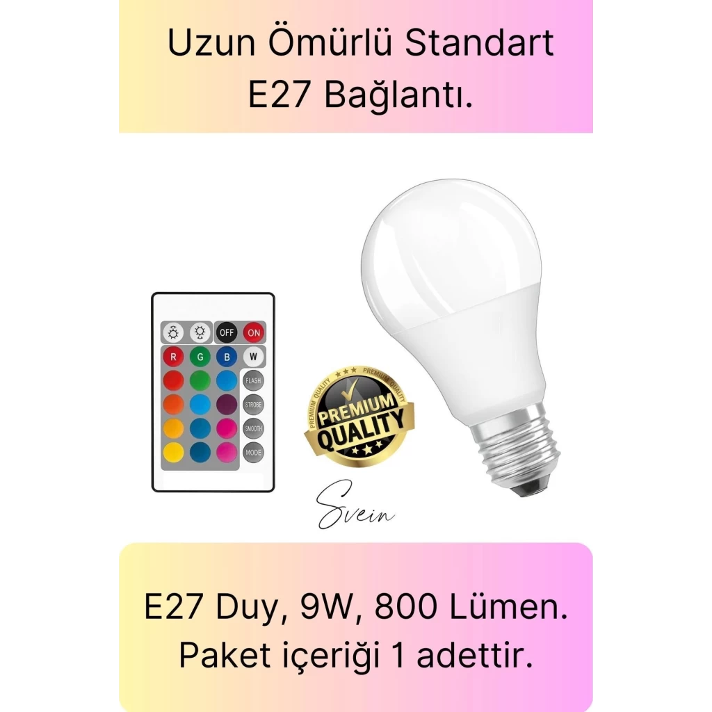 Premium RGB Uzaktan Kumandalı Çok Renkli Led Ampul E27 800lm 9w Gün Işığı 16 Renk Tasarruflu Işık