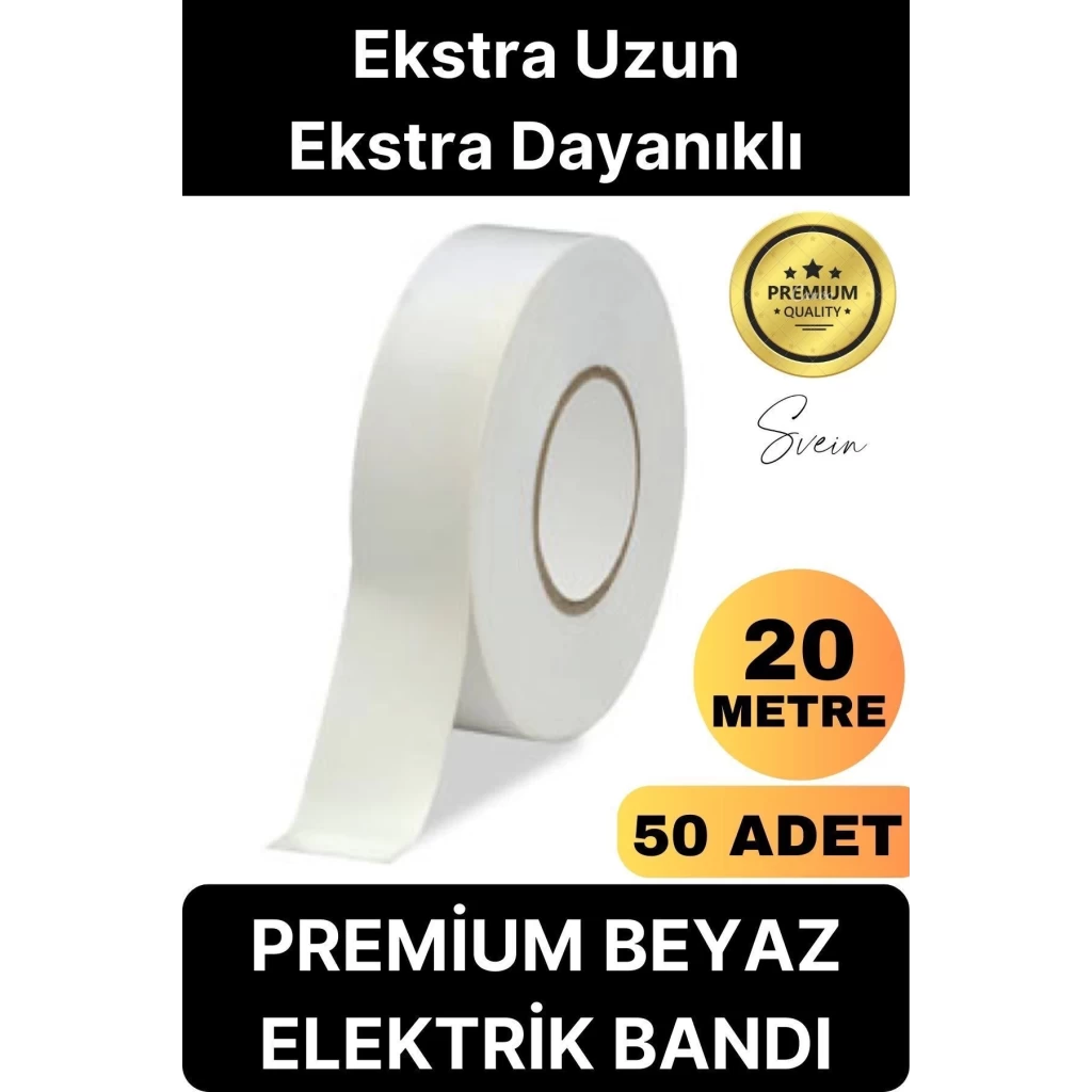 50 Ad. Premium Kalite 20 Mt Kablo Yalıtım PVC Elektrik Bandı Dayanıklı Sızdırmaz Koruma Bant Beyaz