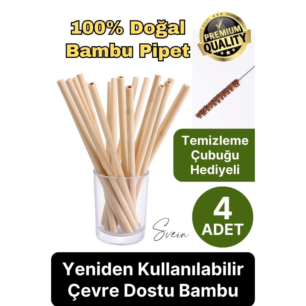 Özel Üretim Bambu 4 Adet Doğal Sağlıklı Yeniden Kullanılabilir Yıkanabilir Çevre Dostu Pipet Kamış