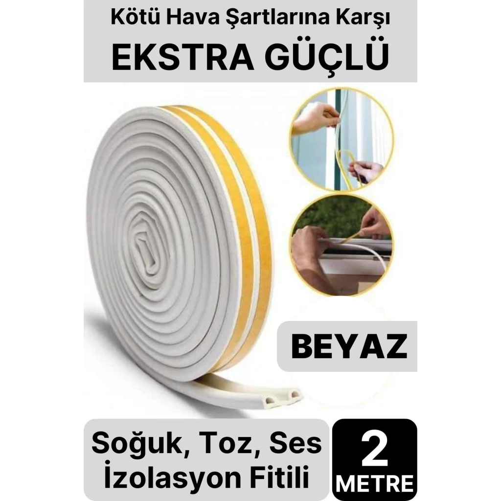2 Metre Beyaz Pvc Doğrama Kapı Pencere Soğuk Geçirmez Sızdırmaz İzolasyon Fitil Yapışkanlı 1x2=2 mt
