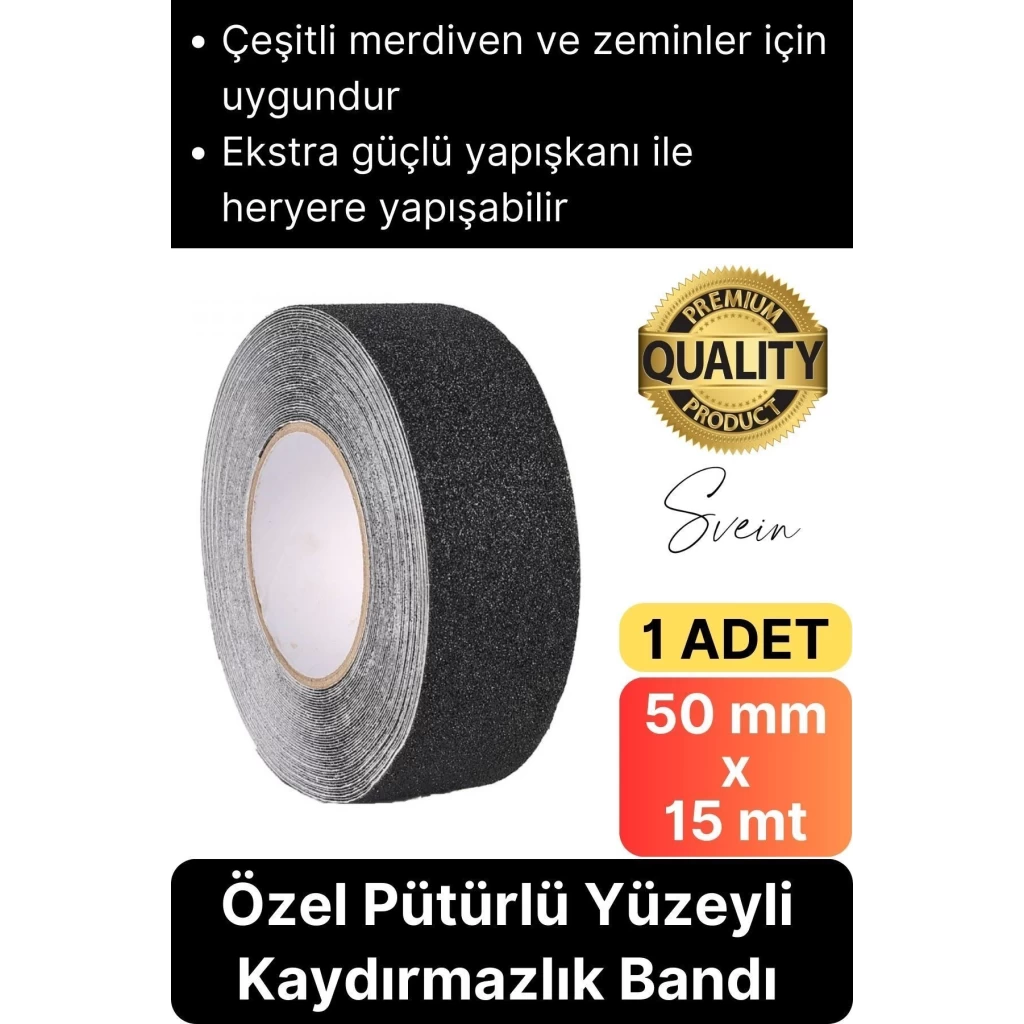 Premium 50mm x 15mt Siyah Kaydırmaz Bant Yapışkanlı Merdiven Basamak Zemin Güçlü Tutunabilen Halı