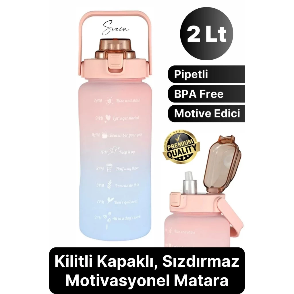 Premium 2 Lt Pipetli Kilitli Sızdırmaz Kapaklı Tutma Saplı Motivasyon Suluk Matara Sporcu Su Şişesi