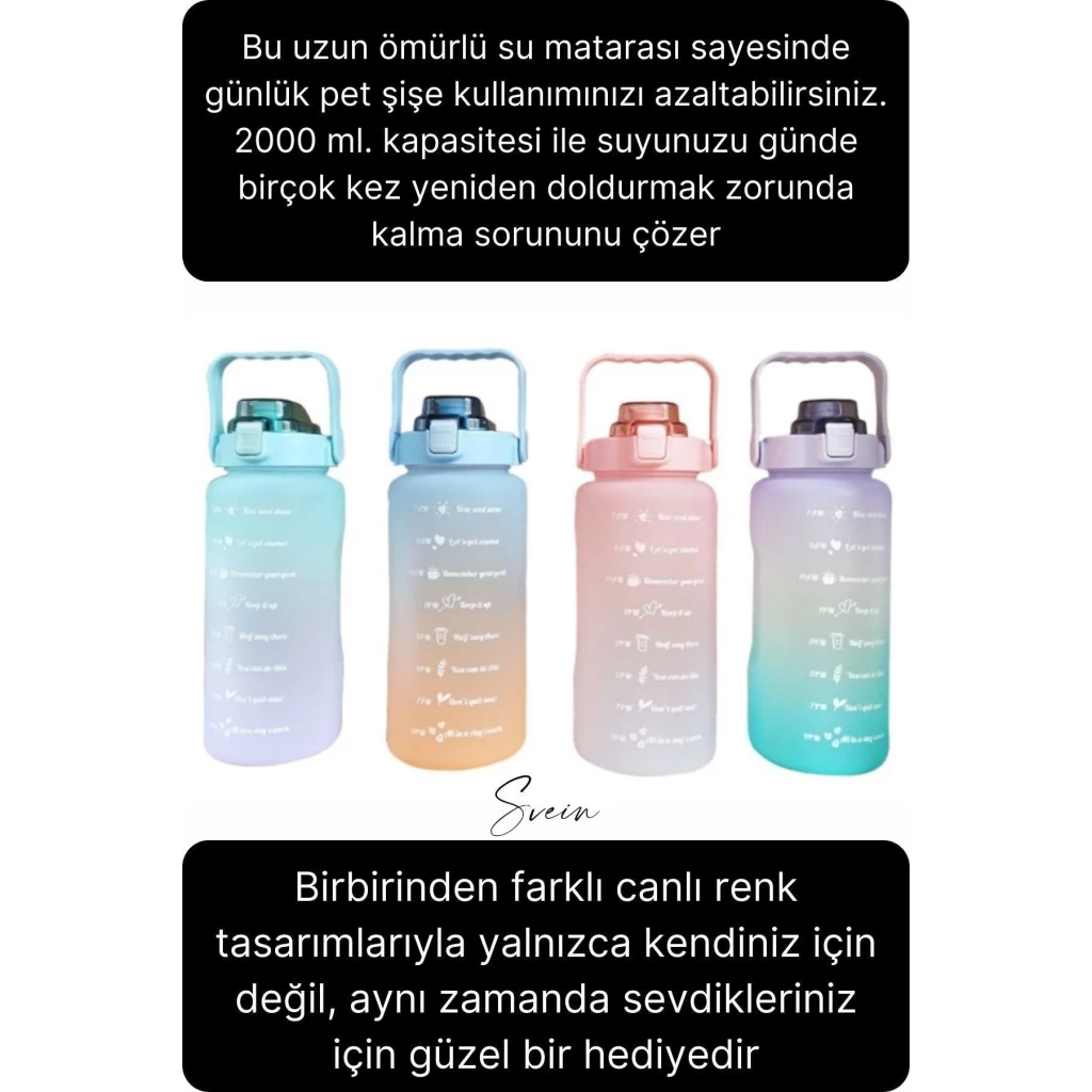 Premium 2 Lt Pipetli Kilitli Sızdırmaz Kapaklı Tutma Saplı Motivasyon Suluk Matara Sporcu Su Şişesi