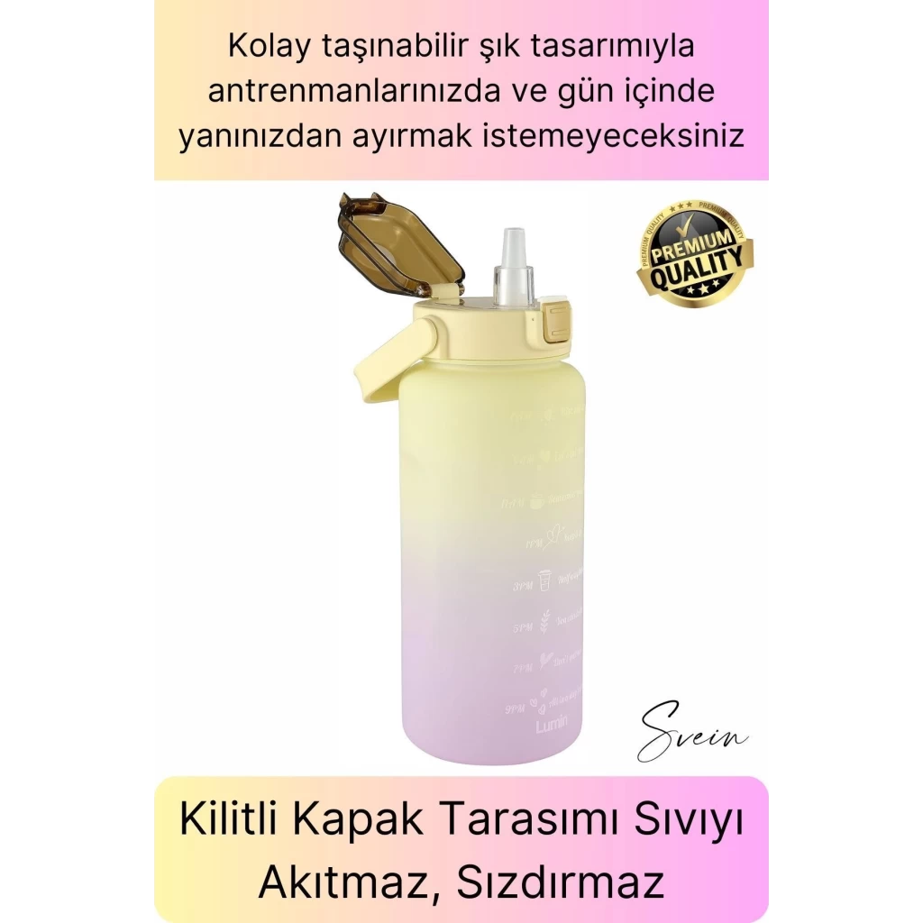 Premium 2 Lt Pipetli Kilitli Sızdırmaz Kapaklı Tutma Saplı Motivasyon Suluk Matara Sporcu Su Şişesi