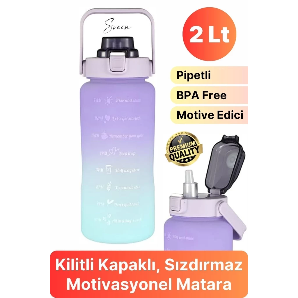 Premium 2 Lt Pipetli Kilitli Sızdırmaz Kapaklı Tutma Saplı Motivasyon Suluk Matara Sporcu Su Şişesi