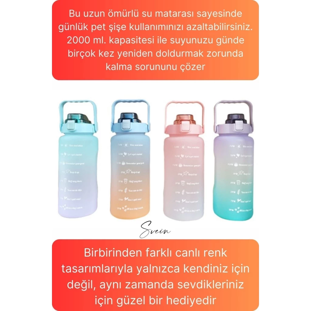 Premium 2 Lt Pipetli Kilitli Sızdırmaz Kapaklı Tutma Saplı Motivasyon Suluk Matara Sporcu Su Şişesi