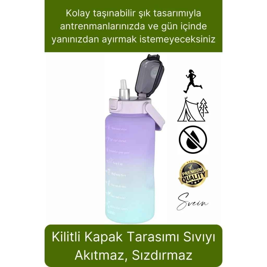 Premium 2 Lt Pipetli Kilitli Sızdırmaz Kapaklı Kamp Sağlıklı Motivasyon Suluk Matara Spor Su Şişesi