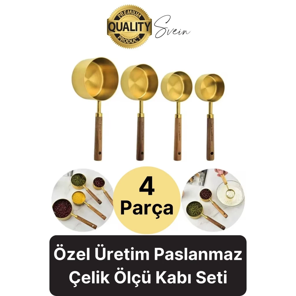 Özel Üretim Ağaç Saplı Paslanmaz Çelik 4 Boy Ölçü Kaşığı Kabı Lüks Şık Doğal Görünüm Otantik Altın