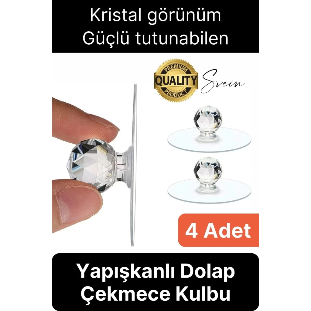 4 Adet Dekoratif Güçlü Tutunabilen Yapışkanlı Kristal Kapak Çekmece Dolap Kulp Seti Tutacak Kulbu