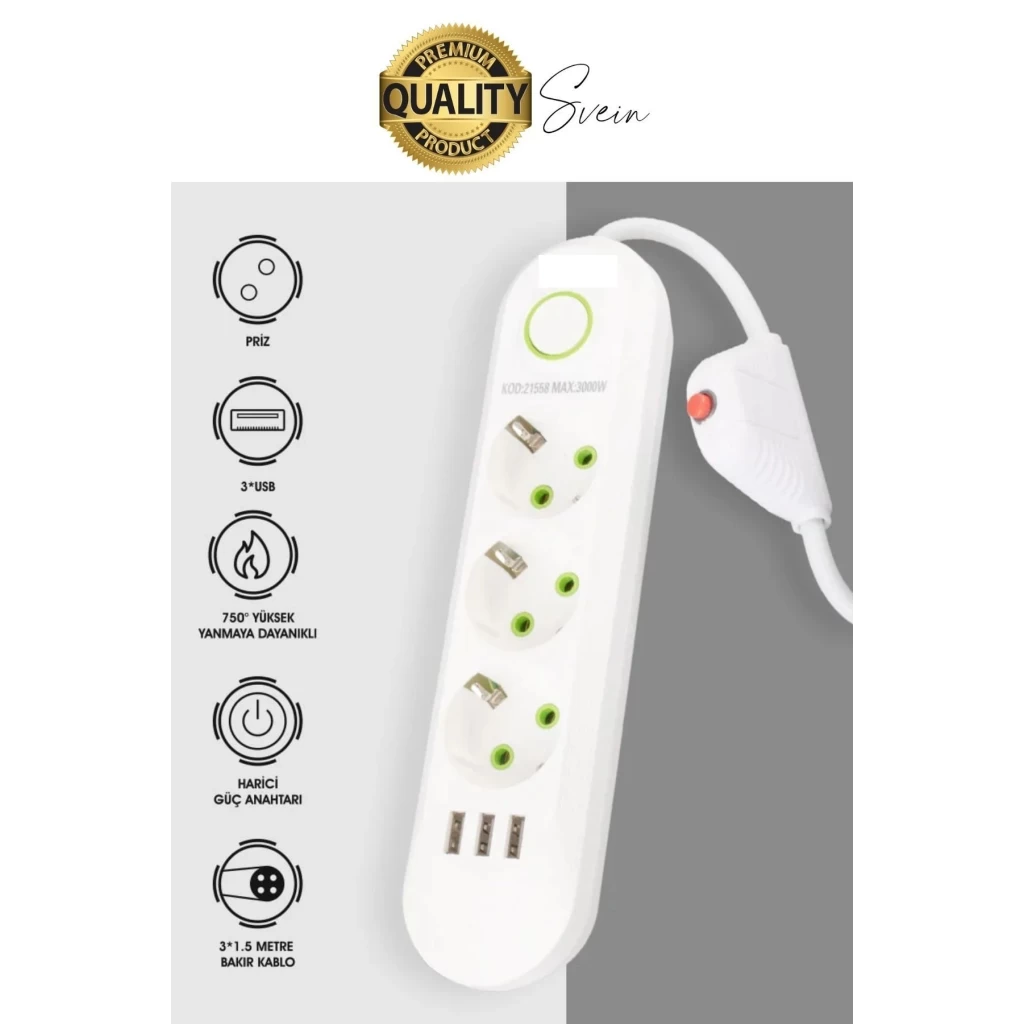 Premium Yeni Nesil Akım Korumalı 3lü Grup Priz Uzatma 4 USB Çıkışlı Bağlantılı Fiş 3000 Watt