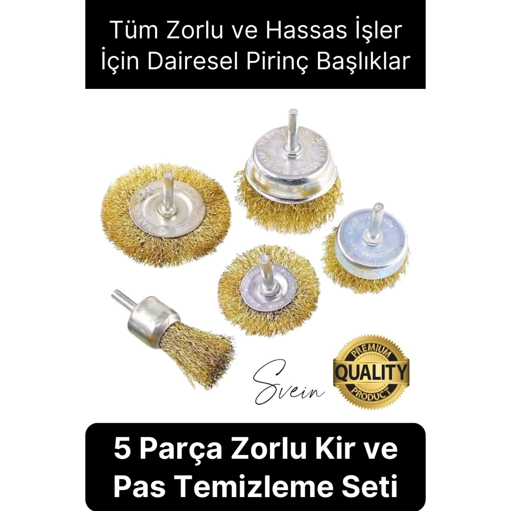 Dayanıklı Çanak Saçaklı Tel Fırça Seti 5 Parça Sarı Telli Dairesel Matkap Uyumlu Pas Kir Temizleyici