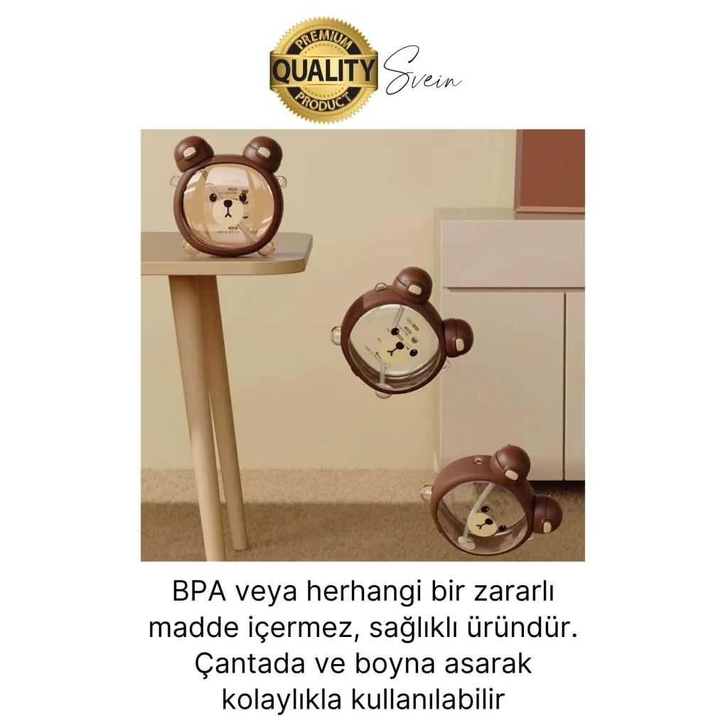 Sevimli Ayıcıklı Çocuk Suluğu Çift Kapaklı Pipetli Boyun Askılı Su Matarası Şişesi Kahve Sticker