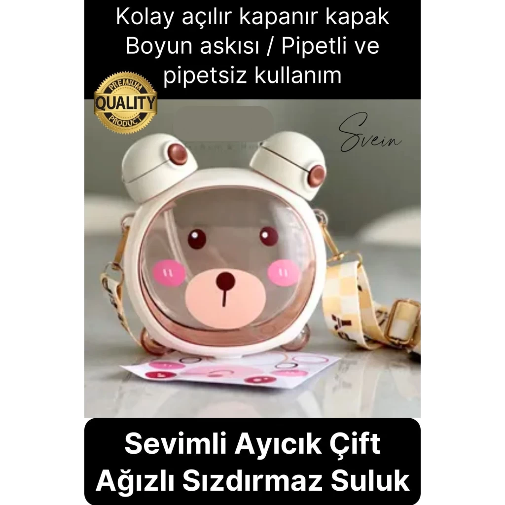 Sevimli Ayıcıklı Çocuk Suluğu Çift Kapaklı Pipetli Boyun Askılı Su Matarası Şişesi Beyaz Sticker