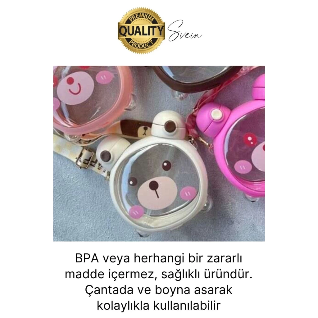 Sevimli Ayıcıklı Çocuk Suluğu Çift Kapaklı Pipetli Boyun Askılı Su Matarası Şişesi Beyaz Sticker