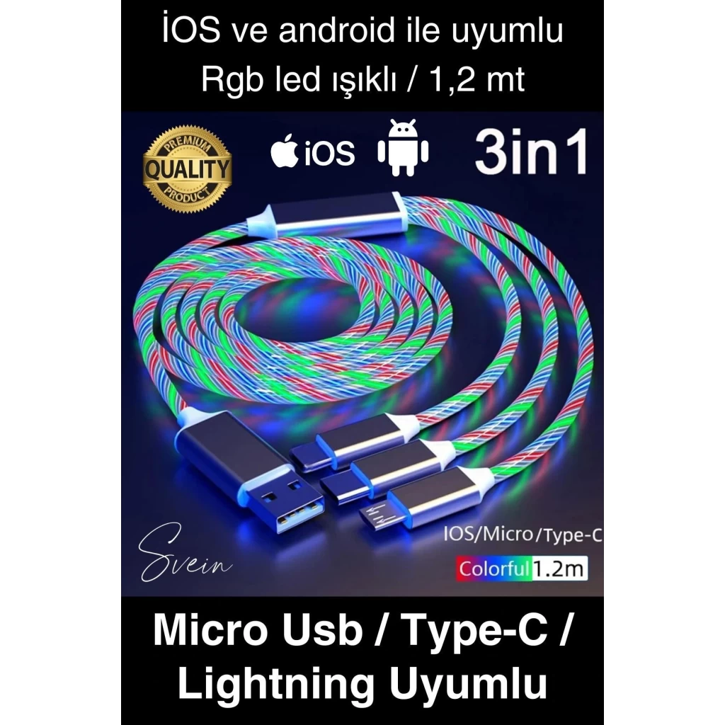 Özel Üretim Rgb Led Işıklı 3ü 1 Arada Şarj Kablosu Micro Usb Type-C Lightning Apple İphone Uyumlu