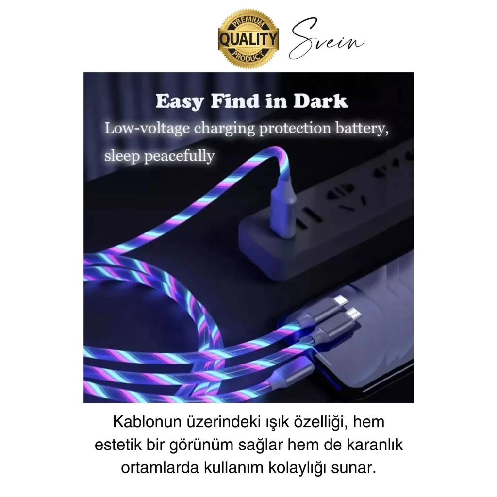 Özel Üretim Rgb Led Işıklı 3ü 1 Arada Şarj Kablosu Micro Usb Type-C Lightning Apple İphone Uyumlu