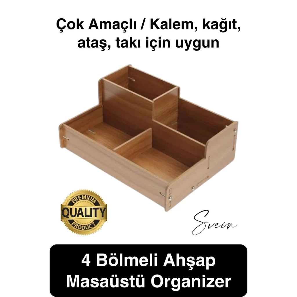 Özel Üretim 4 Bölmeli Masa Üstü Ahşap Kalem Kağıt Ataş Takı Organizeri Düzenleyici Kutu Ofis Masası
