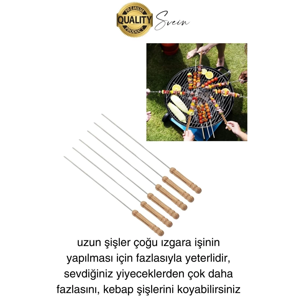 6 Adet Yüksek Kalite Ahşap Saplı Mangal Ciğer Kuşbaşı Kebap Şiş Paslanmaz Çelik Adana Urfa Izgara