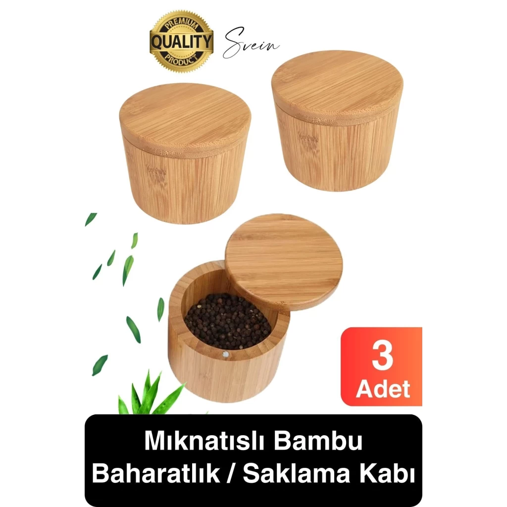Premium Doğal Bambu Saklama Kabı Ahşap Baharat Kavanozu Kutusu Döner Kapaklı Mutfak Yuvarlak Tuz