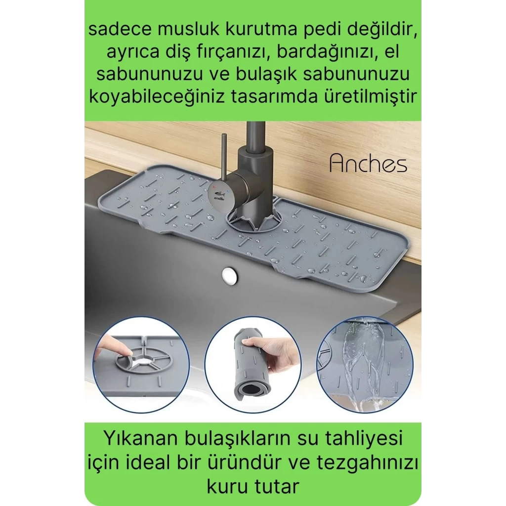 Mutfak Banyo Lavabo Silikon Musluk Arkası Mat Oluklu Su Tutucu Tezgah Üstü Bulaşık Kurutma Pedi