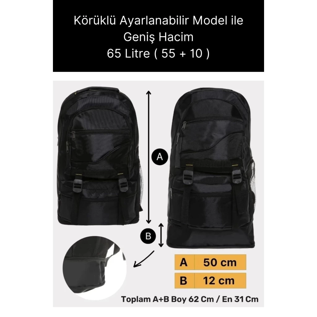 65 Lt Ortopedik Dayanıklı Büyük Boy Çok Gözlü Su Geçirmez Körüklü Kamp Trekking Outdoor Sırt Çantası