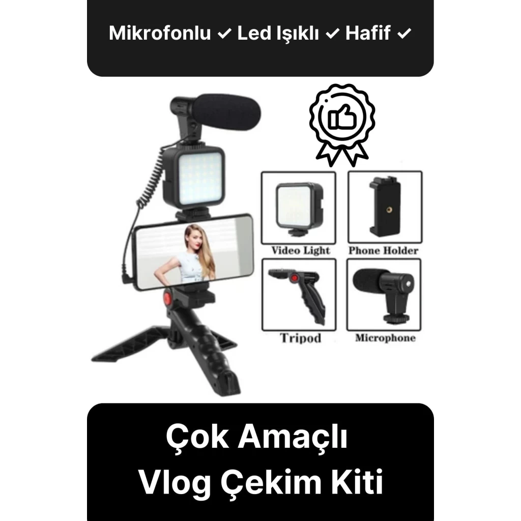Ayarlanabilir Mikrofonlu Ses Kayıt Led Işıklı Çekim Selfie Çubuğu Canlı Yayın Tripod Vlog Çekim Kiti