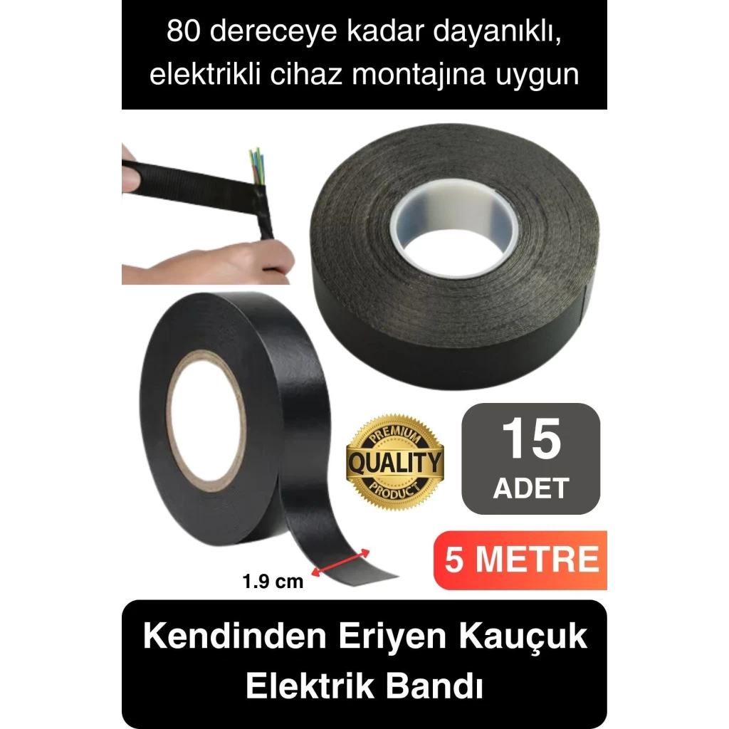 Süper Güçlü 15 Adet Siyah Kauçuk Kendinden Eriyen Bant Elektrik Sızdırmazlık Bandı 5 mt 1.9 cm